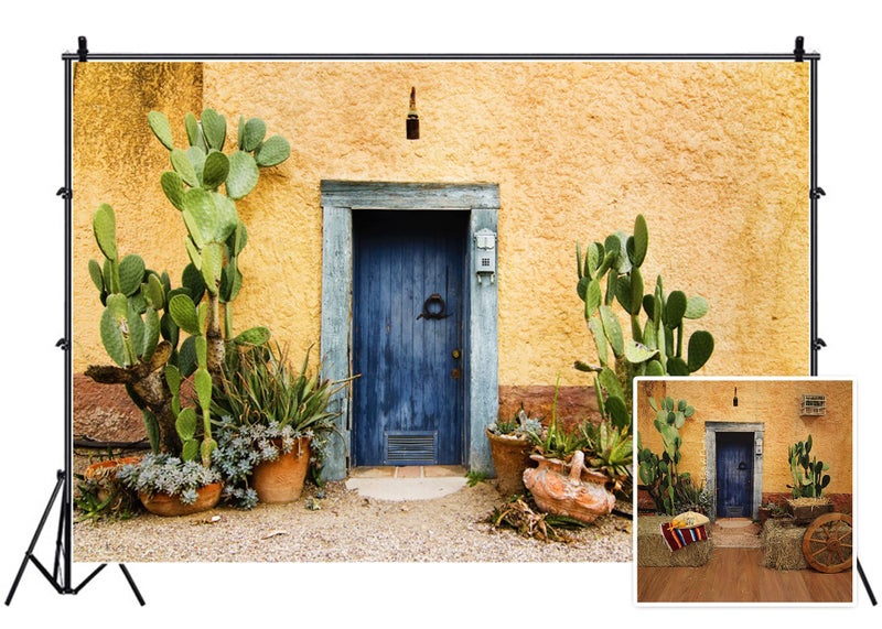 Leyiyi 8x6ft Photography Background Mexico Cactus Backdrop Western Building Life Desert Plant Saguaro Grunge Stone Wall Flowerpot Oilpainting Garden Door Cowboy Photo Portrait Vinyl Studio Video Prop - Image 1
